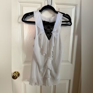 BCX White Ruffle Sleeveless Blouse with Black Lace Detail